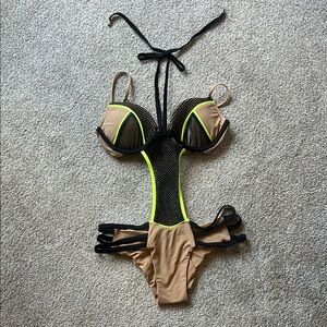 Beach Bunny Tan and Black One Piece Swimsuit